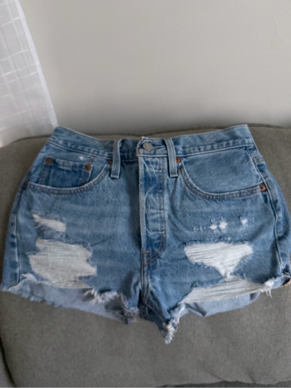 Levi’s High-Rise Distressed Denim Shorts - Light Blue